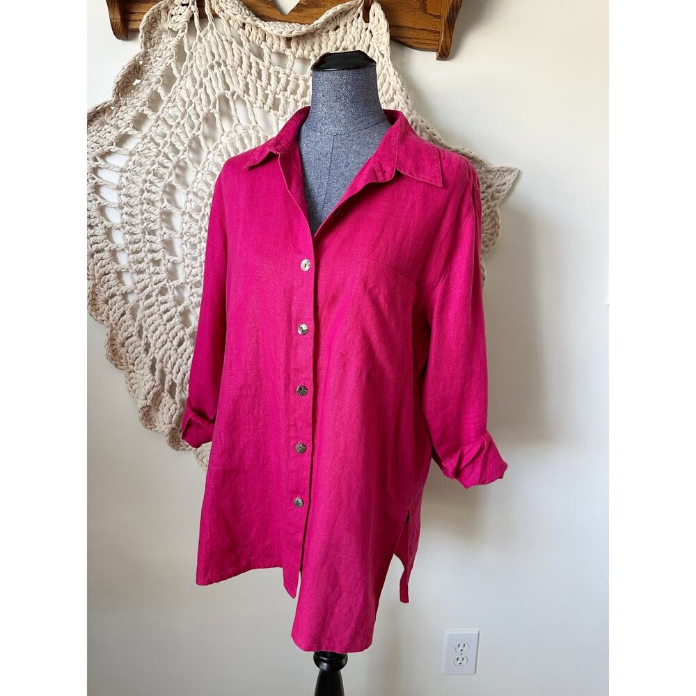 Chicos Vintage Pink Linen Button Up Top Size Large Mother Of Pearl Buttons